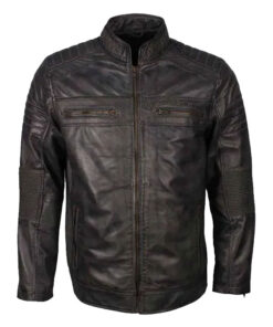 Men's Cafe Racer Grey Waxed Biker Leather Jacket