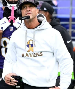 John Harbaugh Ravens White Hoodie