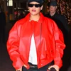 Rihanna Oversized Red Leather Jacket
