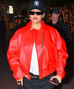 Rihanna Oversized Red Leather Jacket