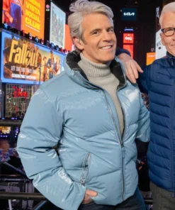 Andy Cohen New Years Eve 2026 Blue Puffer Jacket