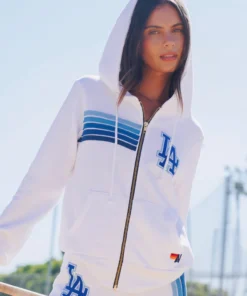 Los Angeles Dodgers Aviator Nation x MLB White Five-Stripe Tri-Blend Full-Zip Hoodie