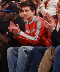 Timothee Chalamet 2026 Knicks Orange And Silver Game Bomber Jacket