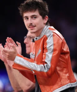 Timothee Chalamet Knicks 2026 Orange And Silver Game Bomber Jacket
