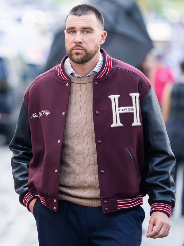 Travis Kelce Tommy Hilfiger Black And Maroon Varsity Jacket
