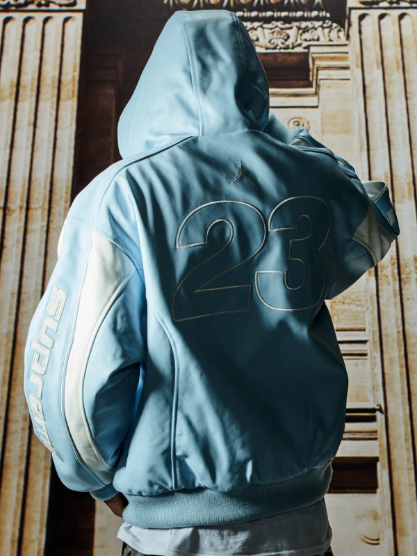Supreme Jordan Light Blue Hooded Leather Jacket