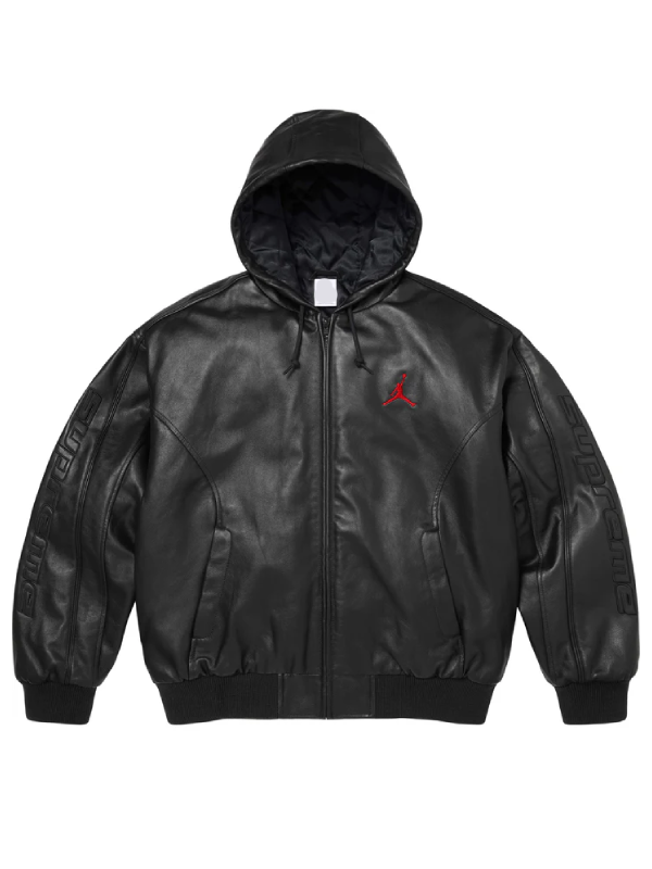 Supreme x Jordan Black Hooded Leather Jacket